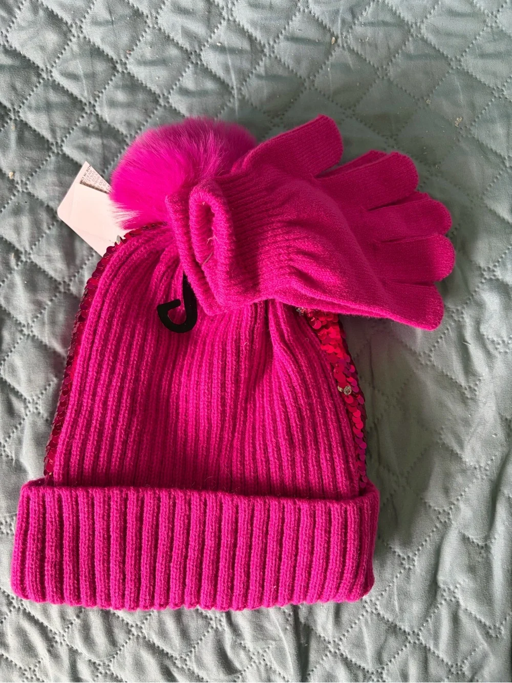 NWT Kids Pink Sequin Pom Pom Beanie and Gloves Set